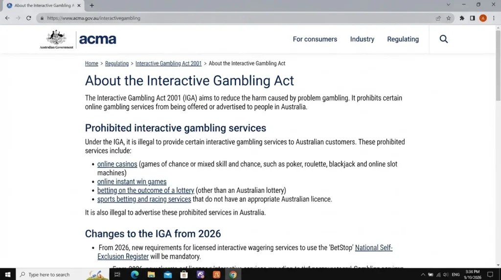 ACMA Interactive Gambling Act page showing online casino rules for providers in Australia