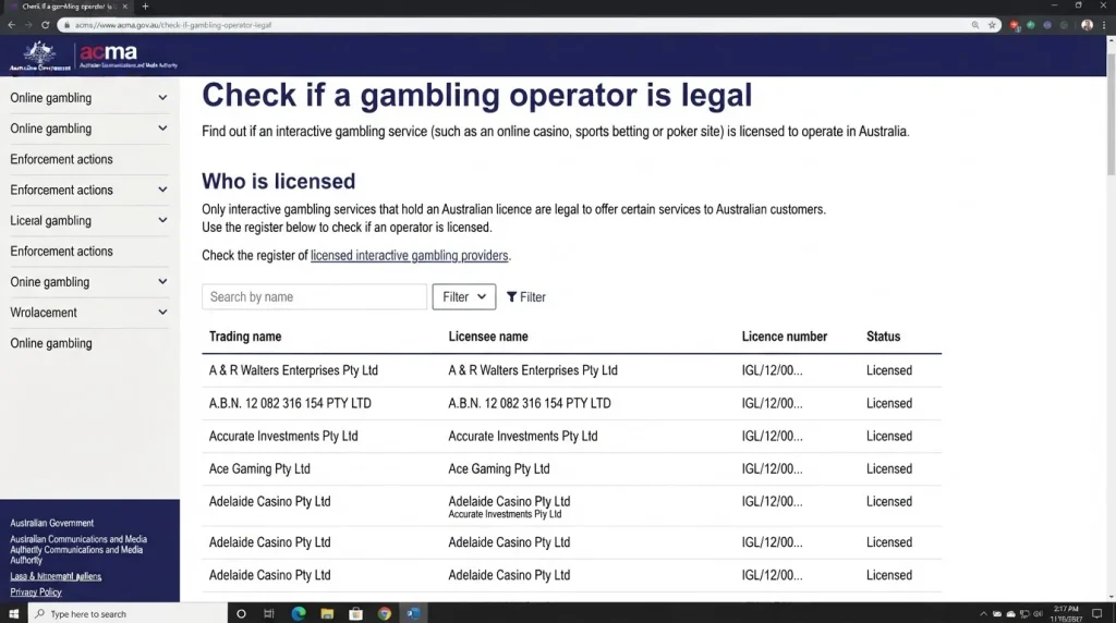 ACMA register page used to check Australian gambling-operator licensing status