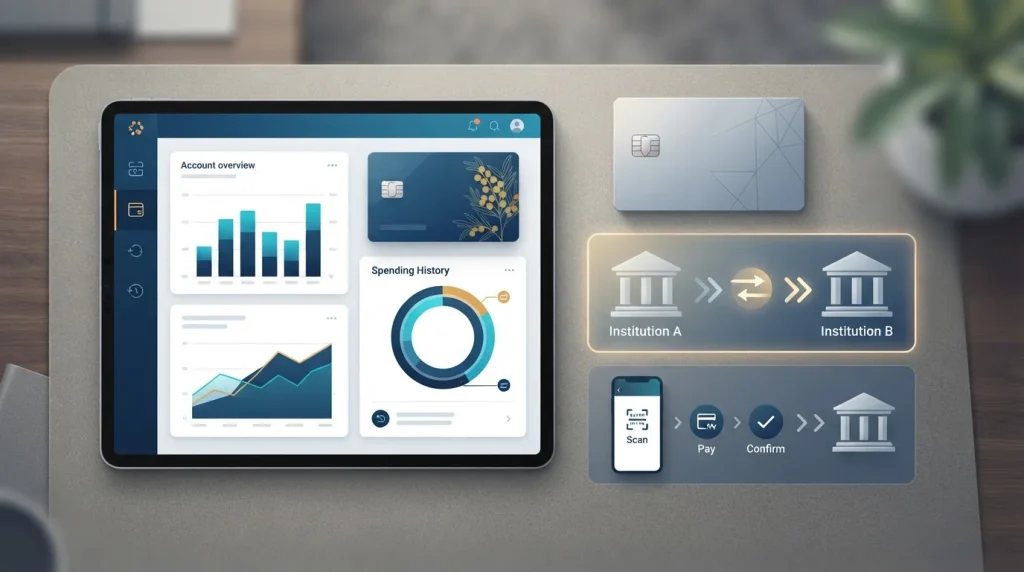 Australian dollar online banking illustration with card, bank transfer and account-to-account payment concepts