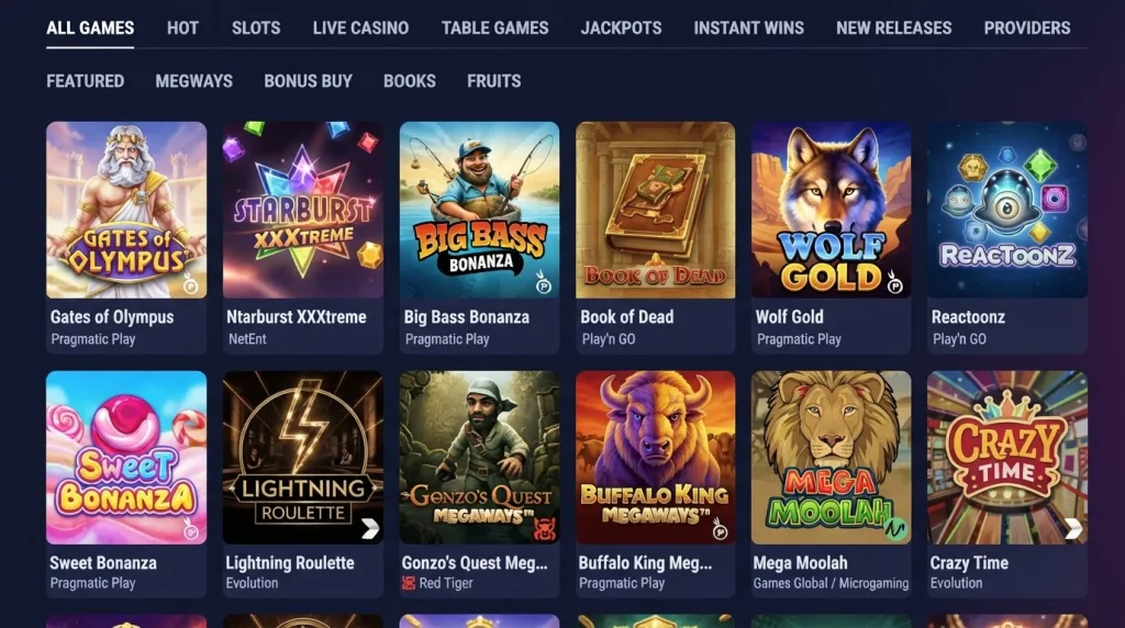 Official Spinstralia game lobby showing category navigation and representative game tiles
