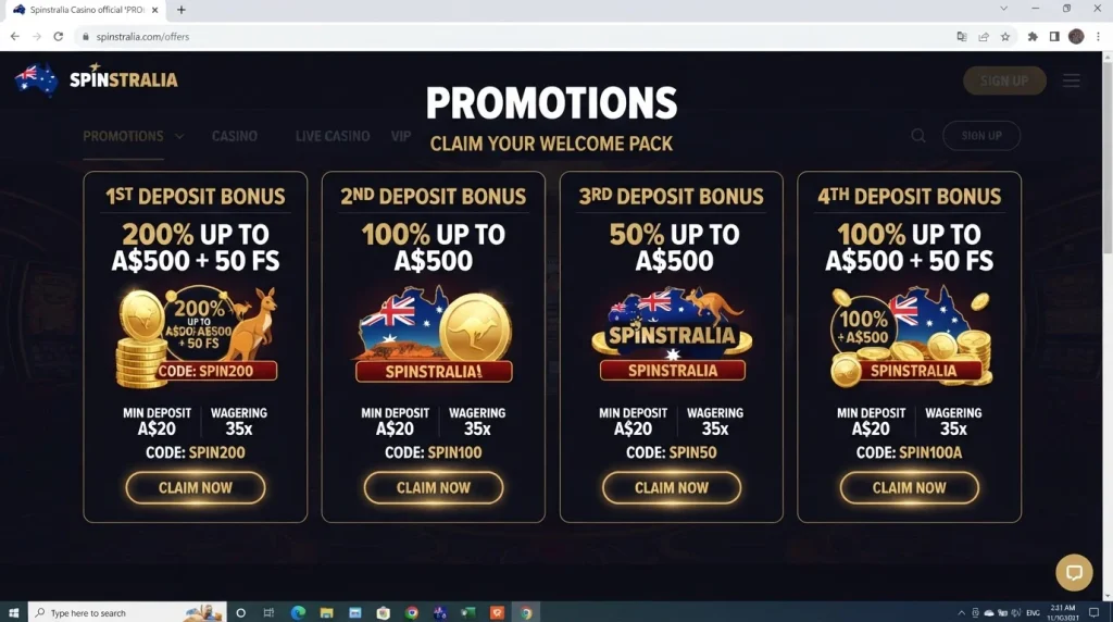 Official Spinstralia Promotions page showing the four-deposit welcome package in Australian dollars