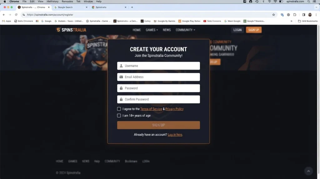 Spinstralia Sign Up form with blank personal-information fields