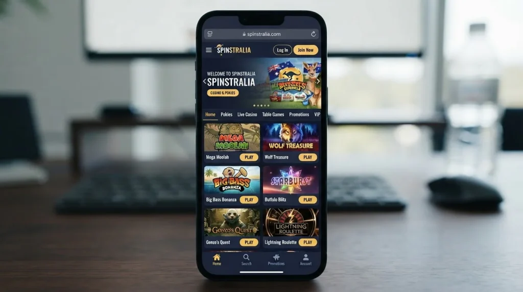 Spinstralia website shown in a narrow mobile viewport with responsive navigation and casino lobby content