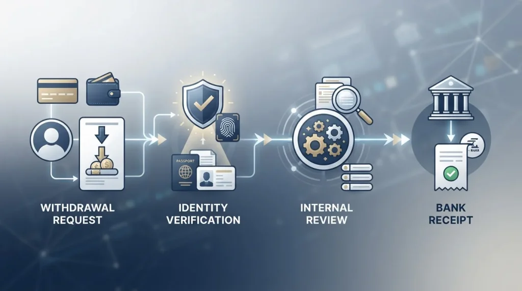 Withdrawal process showing request, KYC check, internal review and bank receipt stages in Australian dollars